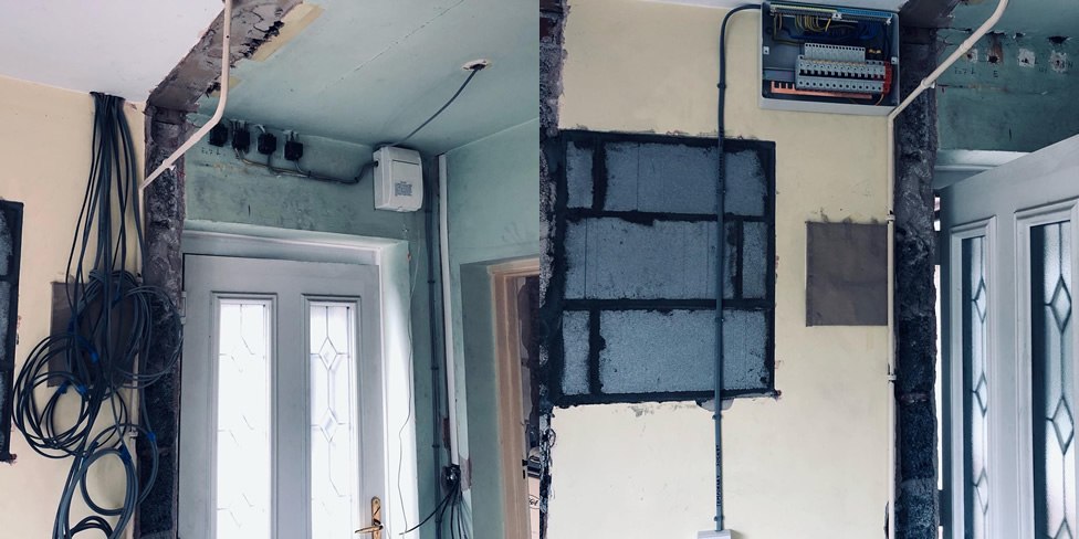 Photo of electrical rewiring before and after